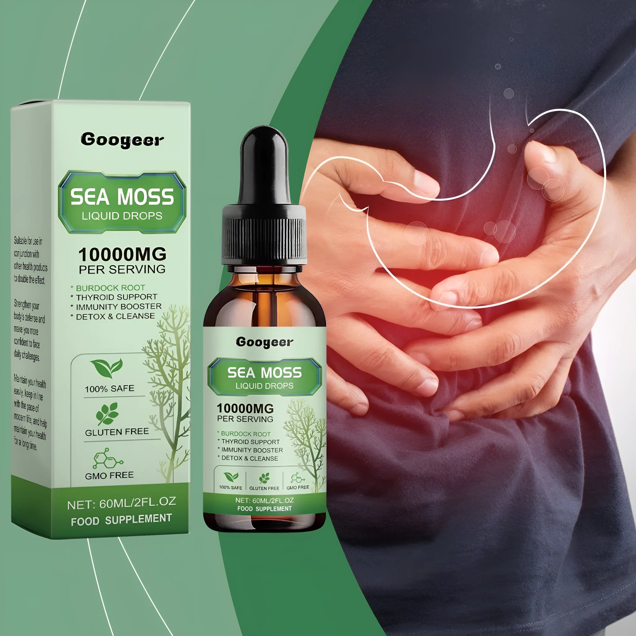 Googeer sea moss liquid drops body treatment 60ml bottle measuring 3.3cm by 3.3cm by 12cm
