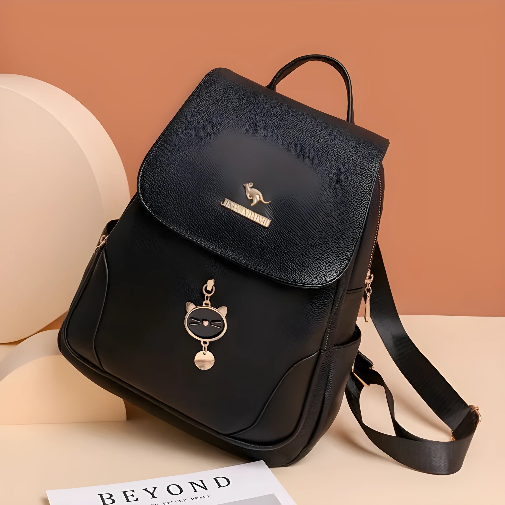 Women's casual PU leather backpack with three-dimensional pockets and line pattern details