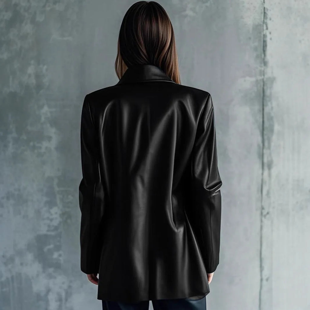 Women's solid black medium-length leather jacket with long sleeves laid flat.