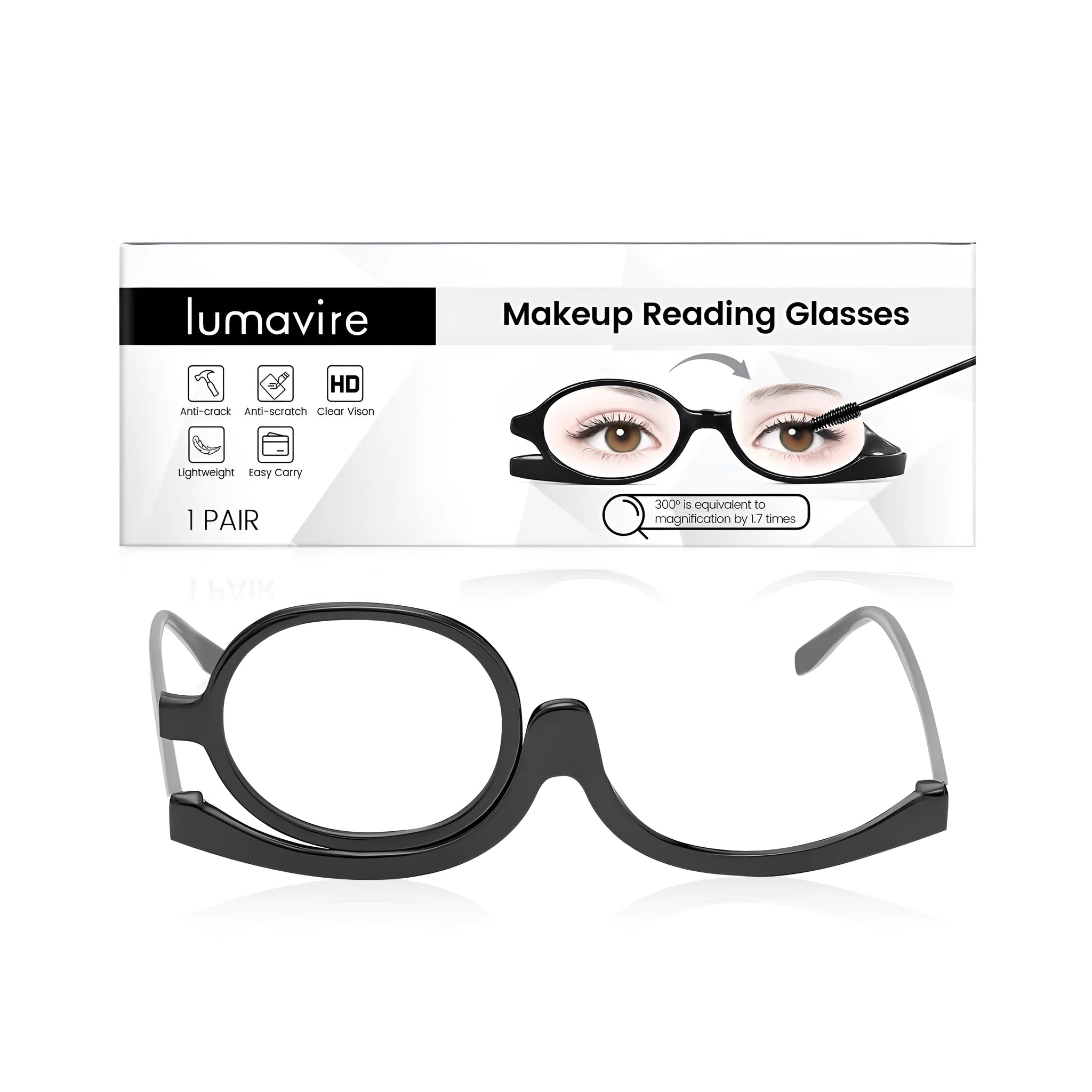 Makeup presbyopia magnifying glasses with a clear plastic PC frame and acrylic lenses.
