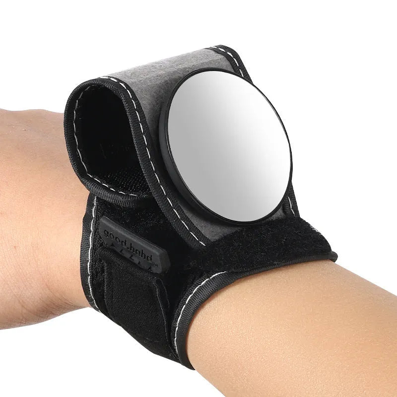 Black wrist-mounted bicycle rear-view mirror with adjustable arm for cycling safety