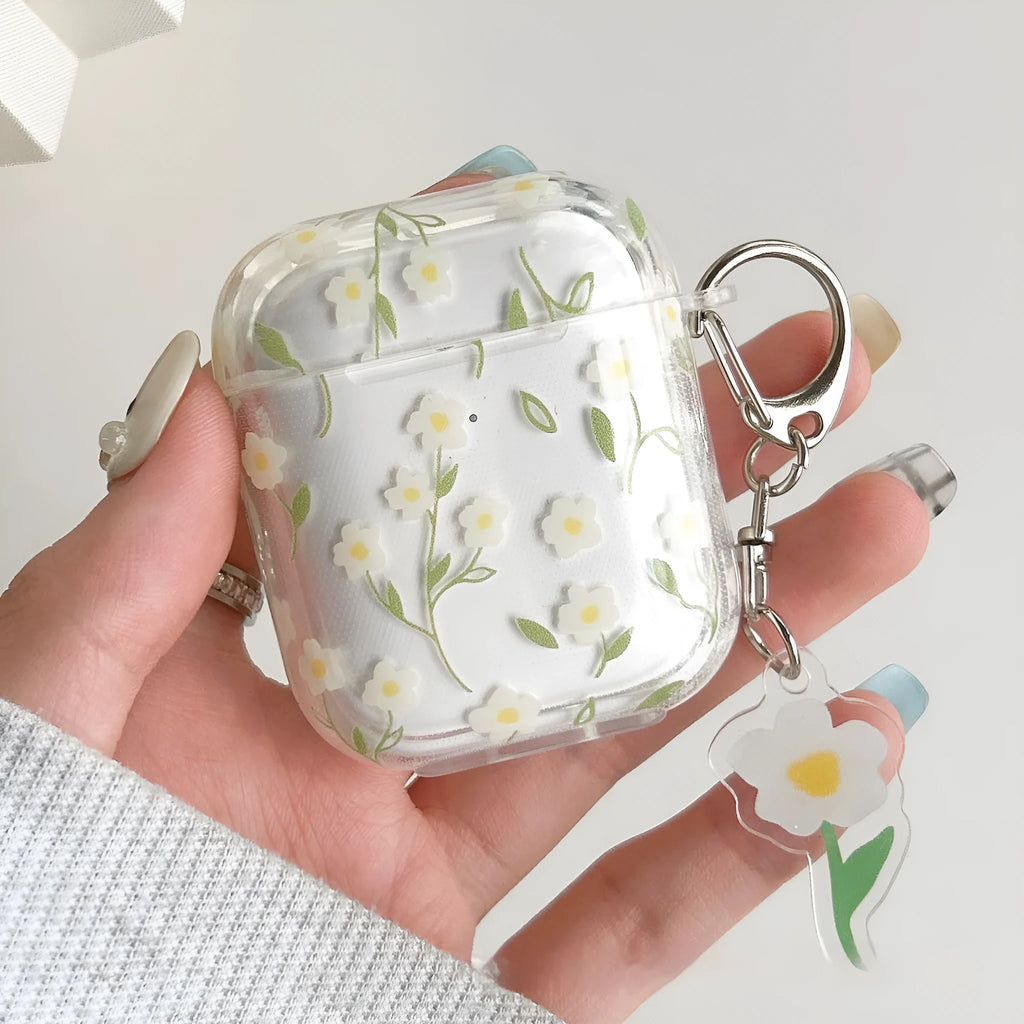 White floral design on clear TPU protective cover for Apple AirPods charging case