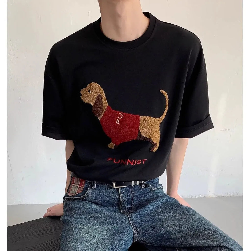 Men's grey cotton T-shirt with embroidered sausage dog holding towel design on front