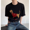 Men's grey cotton T-shirt with embroidered sausage dog holding towel design on front