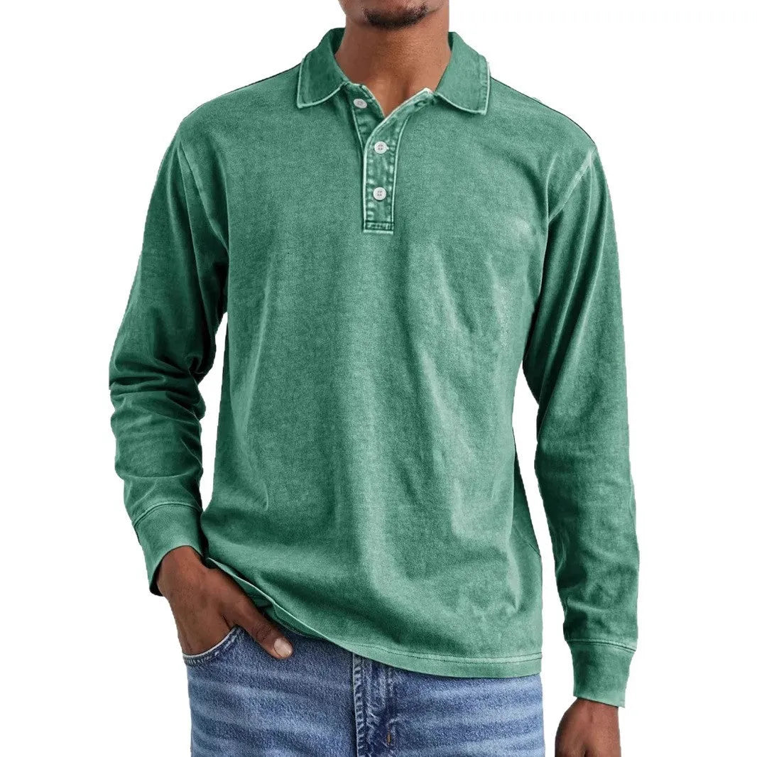Men's retro washed pure cotton long sleeve polo shirt with a lapel collar in Army Green.
