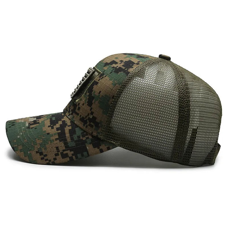 Tactical camouflage baseball hat with machine-embroidered patterns and adjustable sizing strap