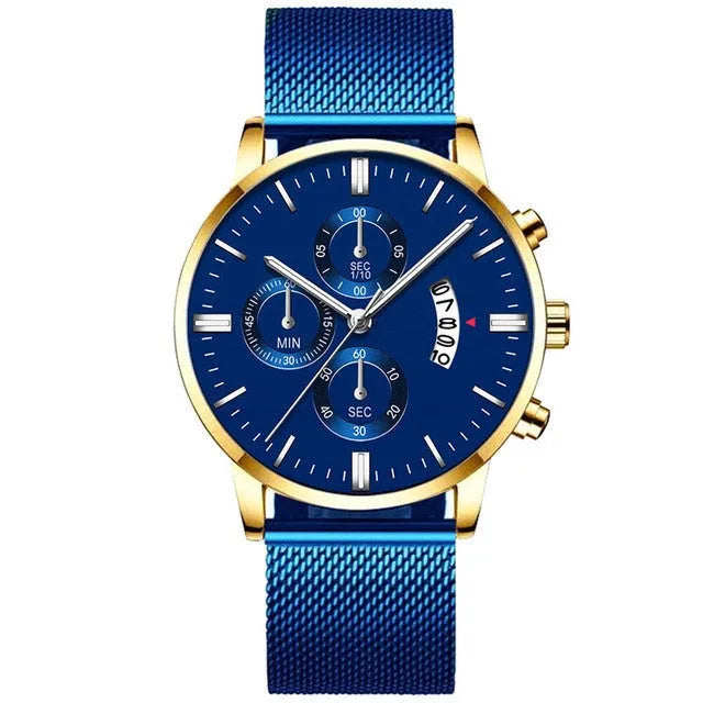 Men's stainless steel mesh band quartz watch with analog display on a wrist