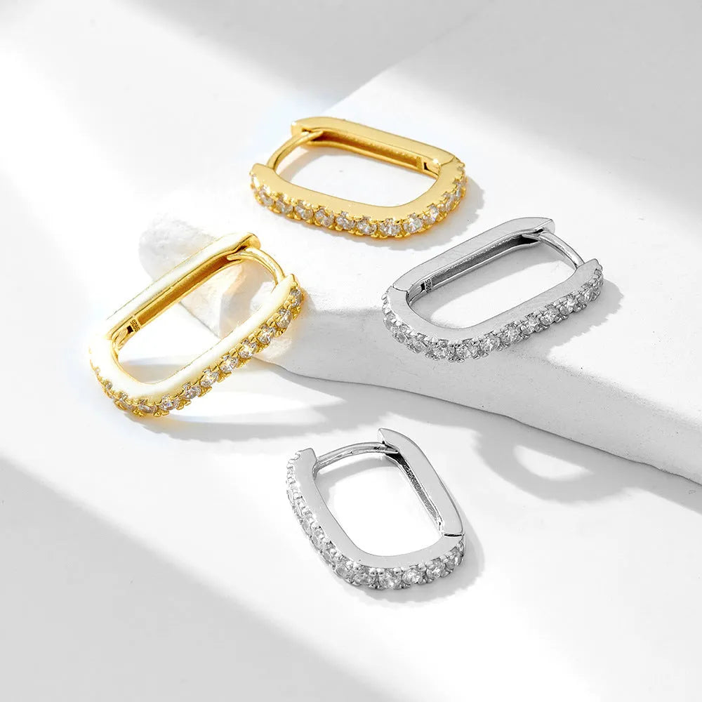 Women's S925 sterling silver oval zircon ear clips in geometric design