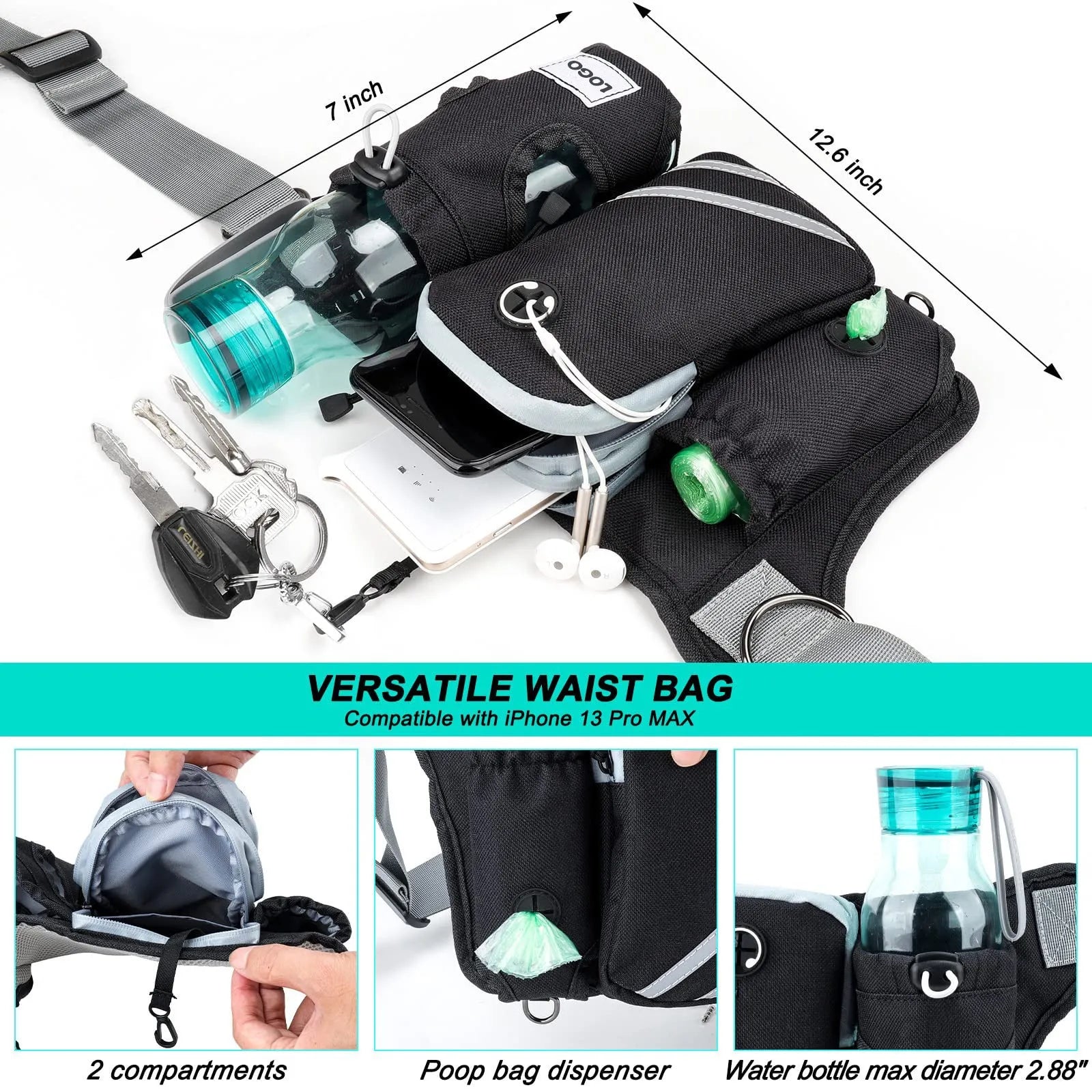 Black outdoor pet training waist bag with matching nylon leash and collar set for dog walking