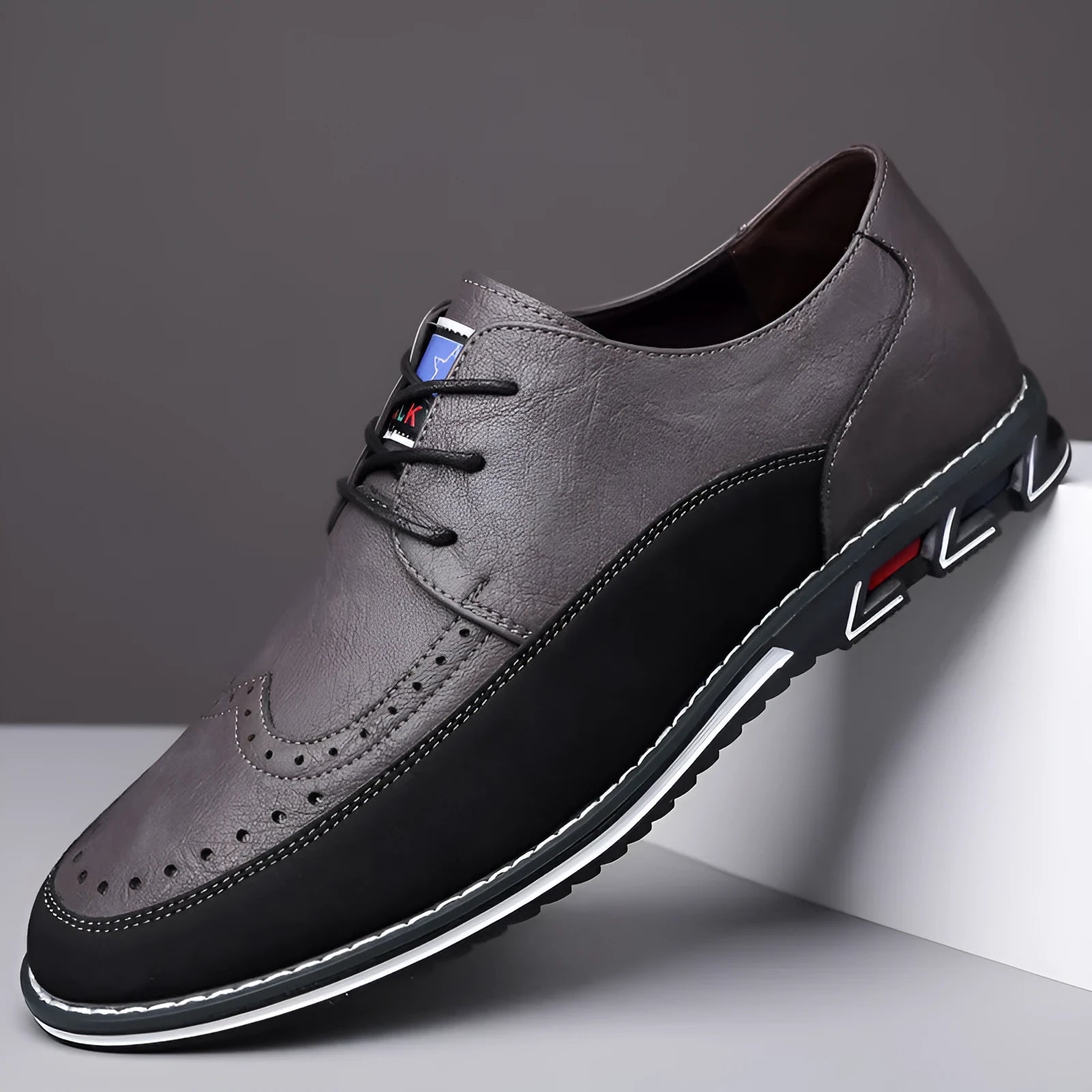 Men's casual leather shoes with low top, rubber sole, and leather toe cap in multiple colour options.