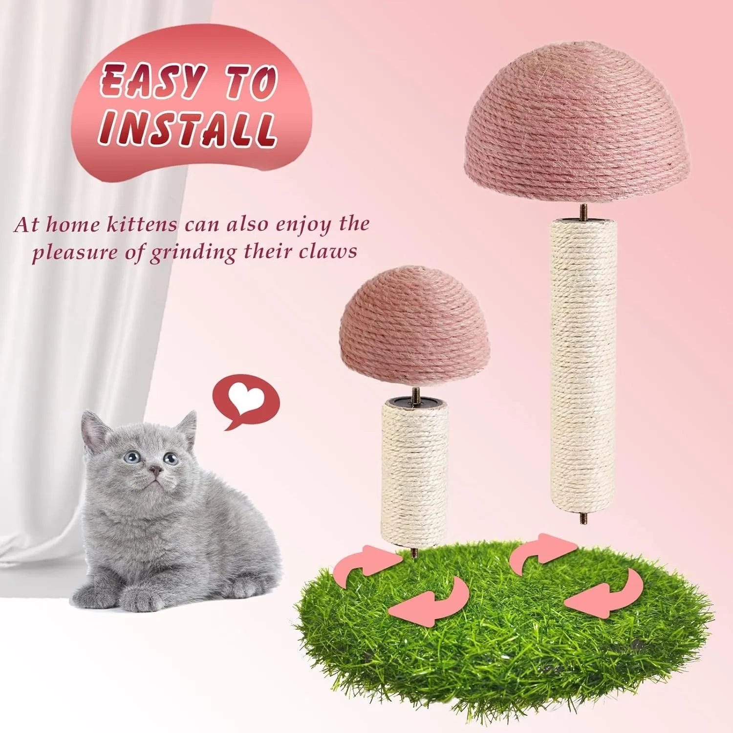 Pink mushroom-shaped cat scratching post made from natural sisal with a sturdy base.