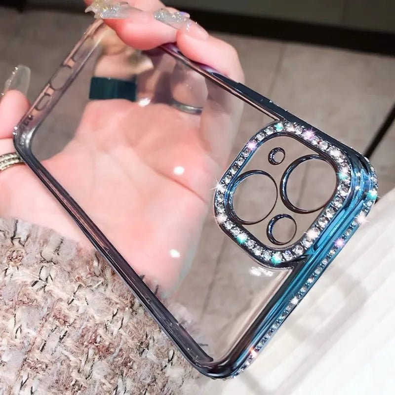 Rhinestone glass phone case for iPhone in Rose Gold showing full back coverage with TPU edges