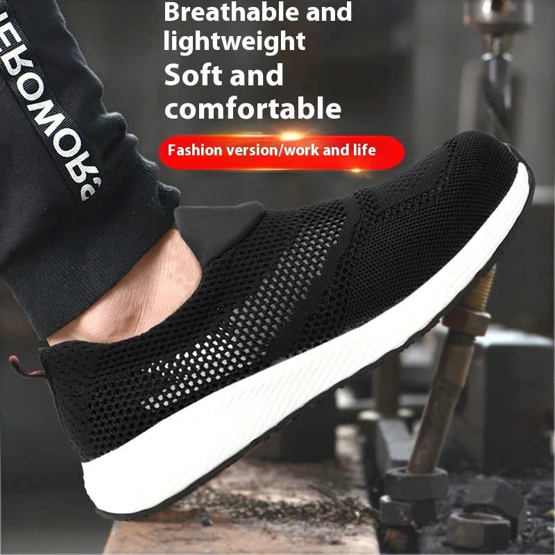 Men's lightweight steel toe work shoes with mesh upper in black, blue, and red colour options