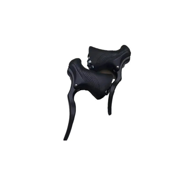 Pair of aluminium alloy road bicycle brake handles in black silver finish, showing lever and clamp.