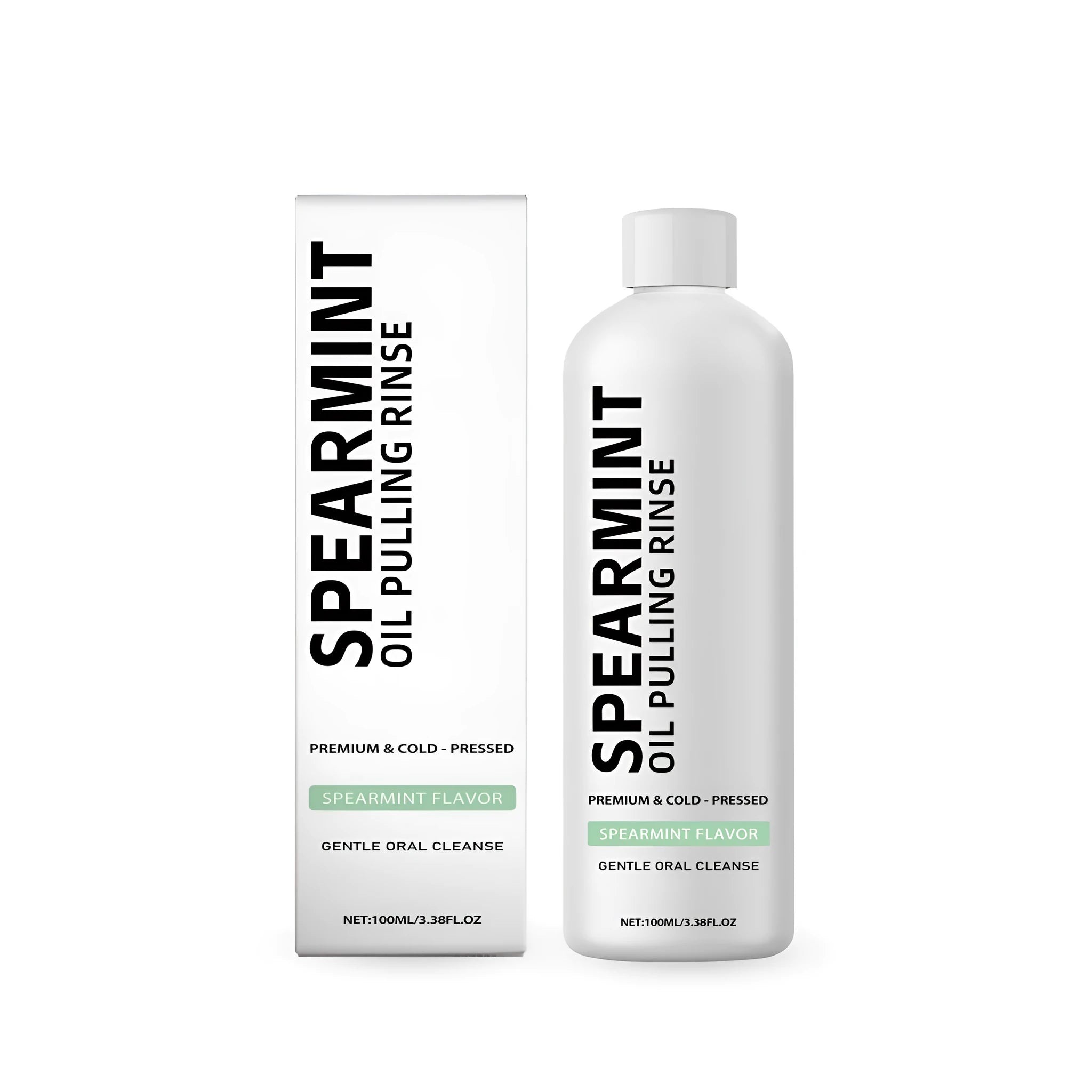 100 ml bottle of spearmint oil pulling rinse mouthwash with natural ingredients