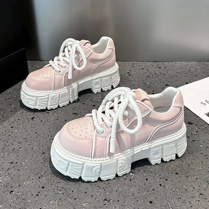 Women's beige and pink muffin bottom leather casual shoes with a rubber foam sole.