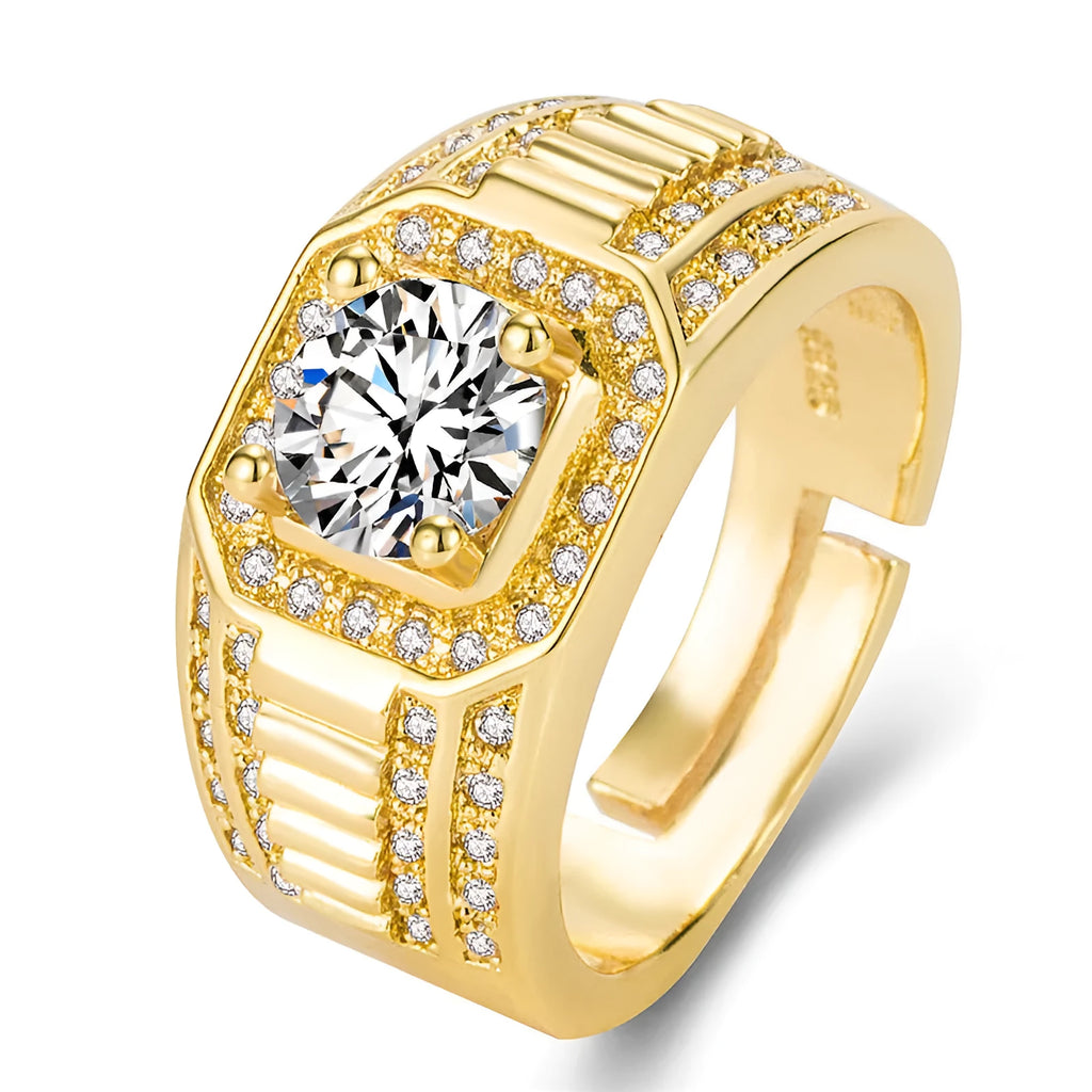 Men's adjustable square ring with large cubic zirconia stone in gold tone and platinum tone finishes.