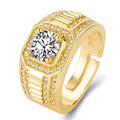 Men's adjustable square ring with large cubic zirconia stone in gold tone and platinum tone finishes.