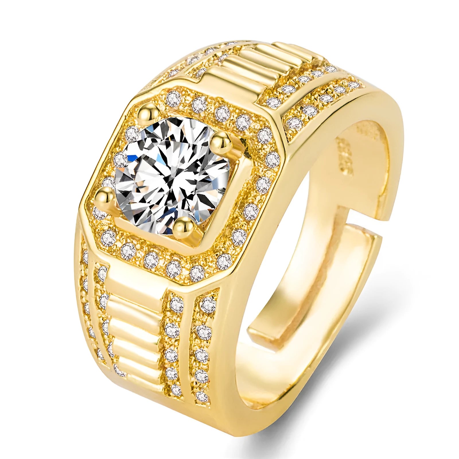 Men's adjustable square ring with large cubic zirconia stone in gold tone and platinum tone finishes.