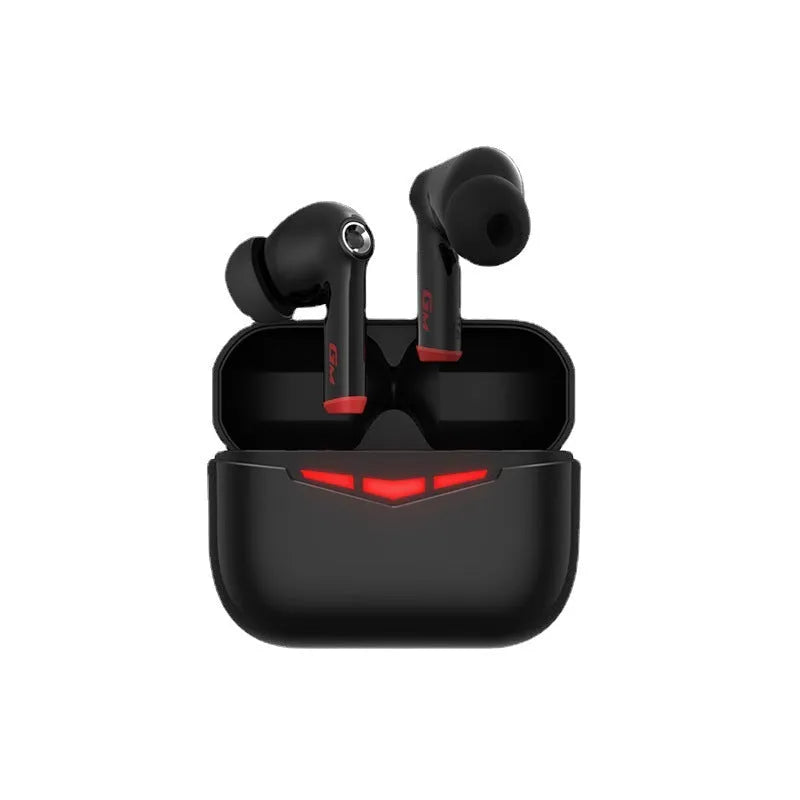 True wireless Bluetooth gaming headset in black with charging case and silicone ear tips.