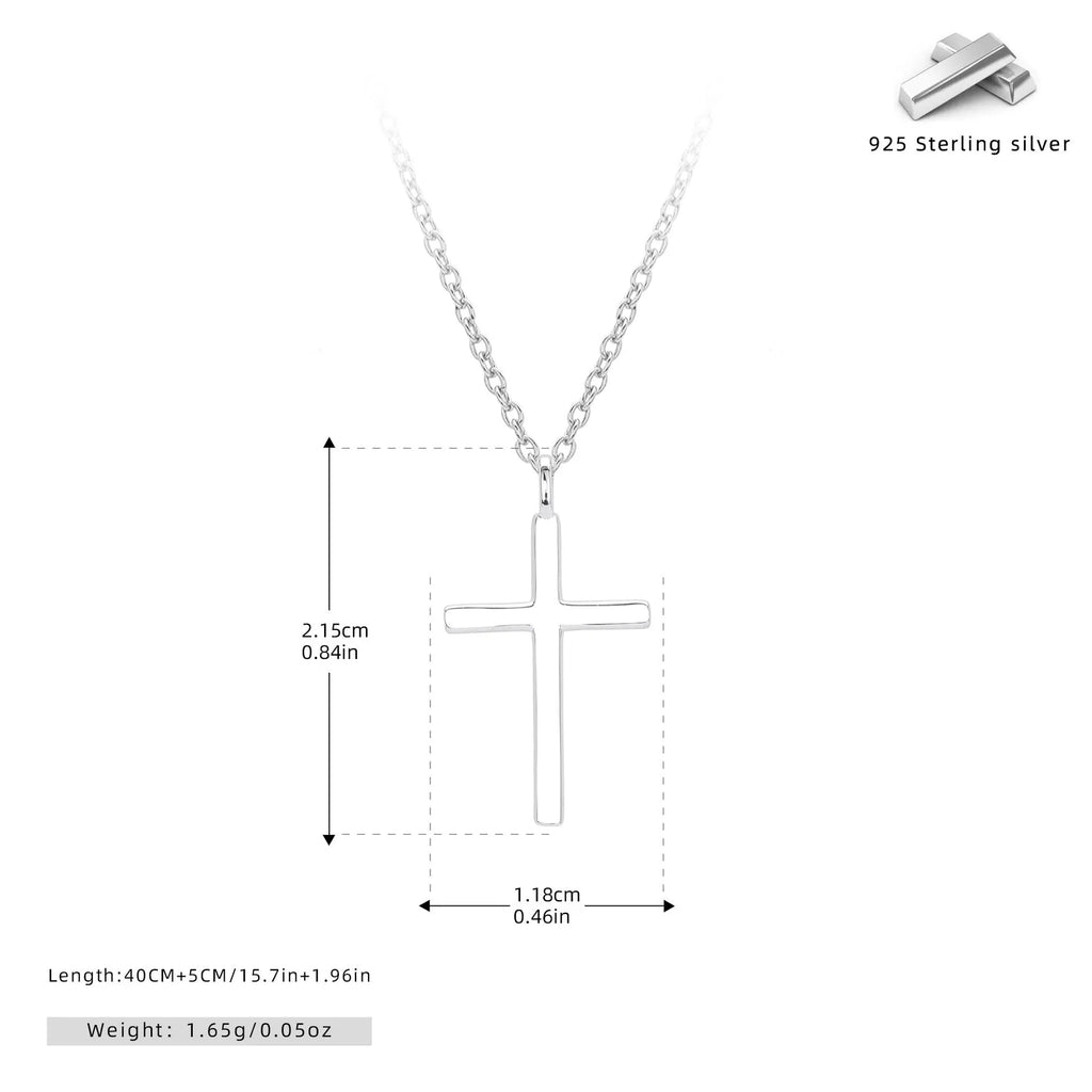 Sterling silver necklace with simple cross pendant on adjustable O-shaped chain in gold, platinum, or rose gold finish