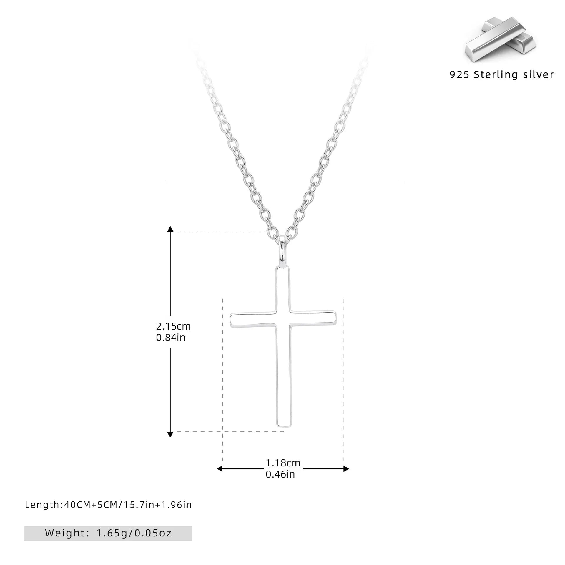 Sterling silver necklace with simple cross pendant on adjustable O-shaped chain in gold, platinum, or rose gold finish