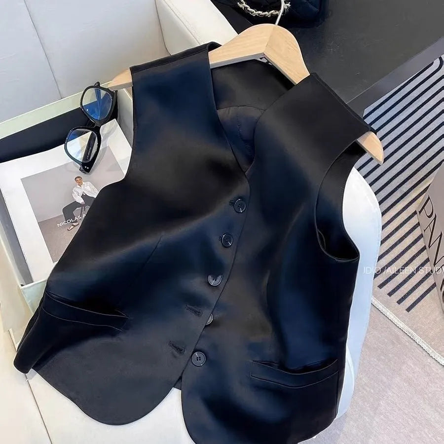 Black satin ladies sleeveless vest with loose fit and 50cm length
