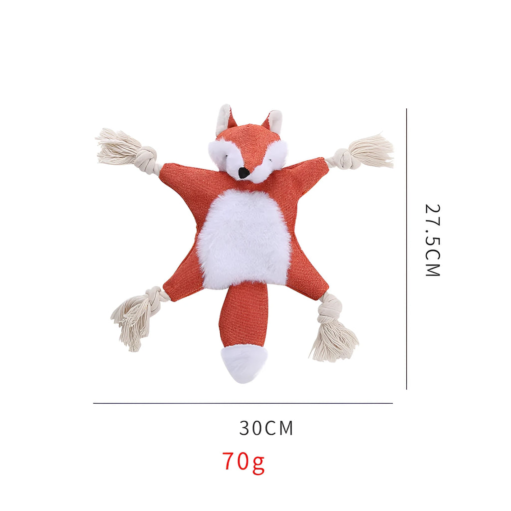 Brown fox-shaped dog toy with embroidered eyes, rope arms and legs, labelled as a squeaker and crinkle toy.