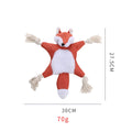 Brown fox-shaped dog toy with embroidered eyes, rope arms and legs, labelled as a squeaker and crinkle toy.