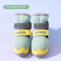 Cartoon-style blue and green PU dog shoes for summer, showing breathable anti-scald design