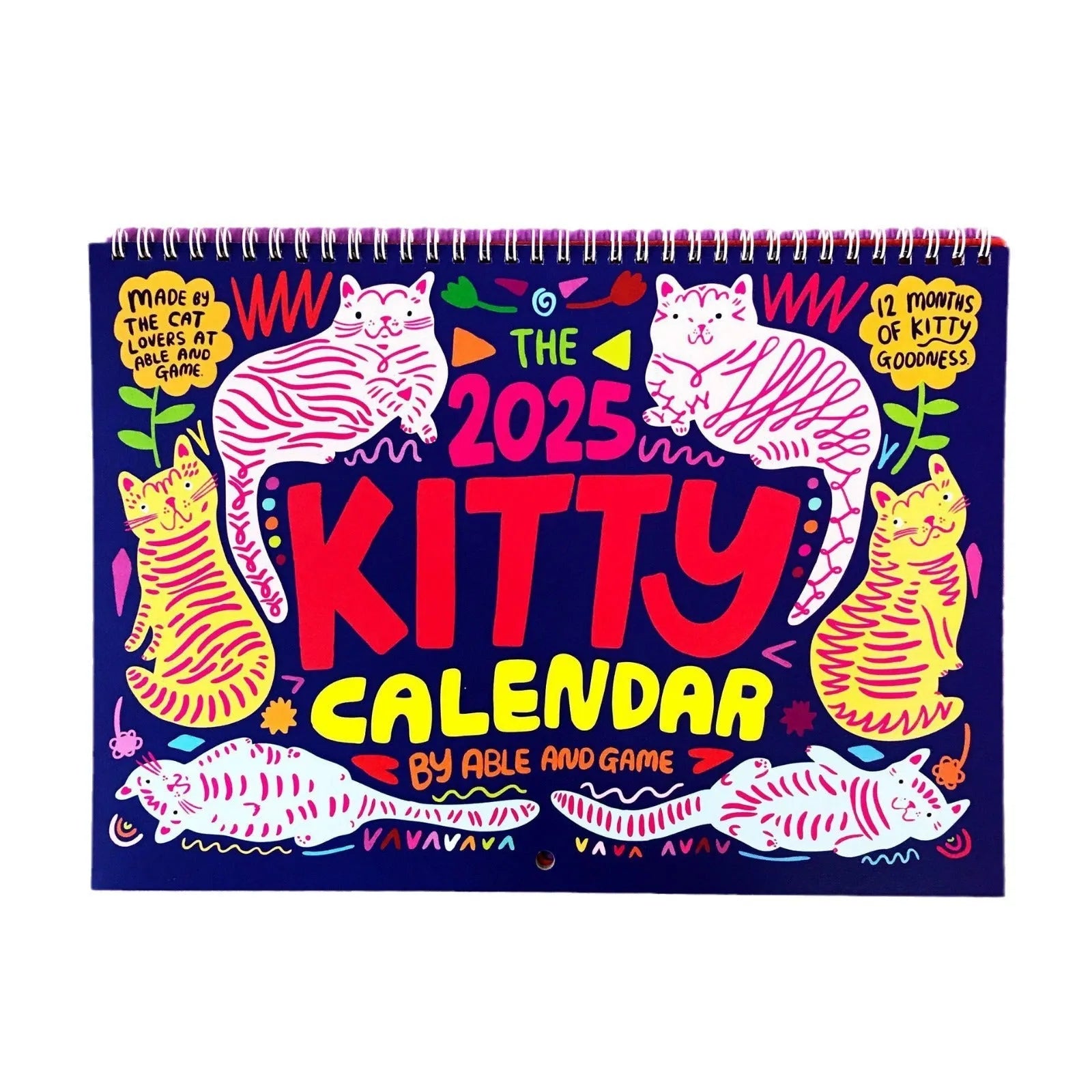 Cat-themed wall calendar planner showing monthly grids, available for 2024 and 2025