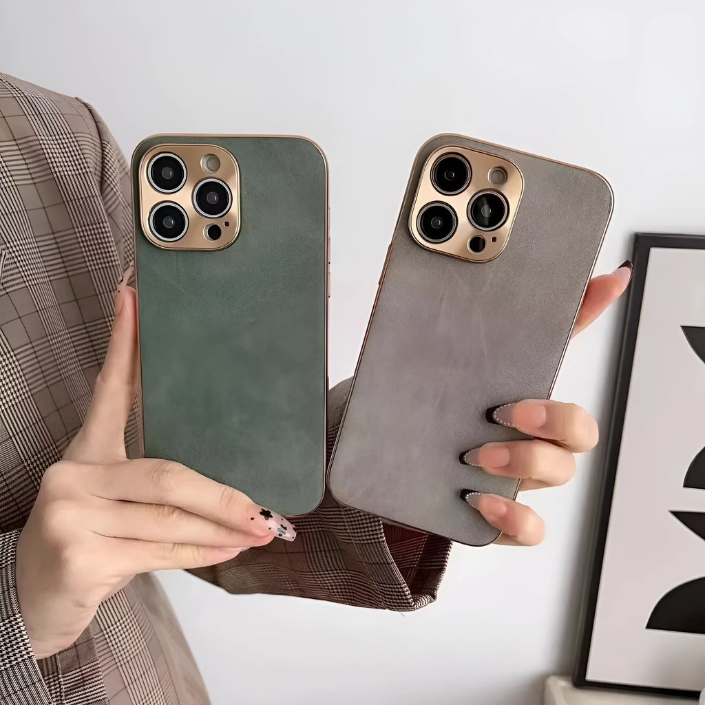 Leather texture TPU phone case for iPhone in solid grey, black, blue, or grey-green colour.