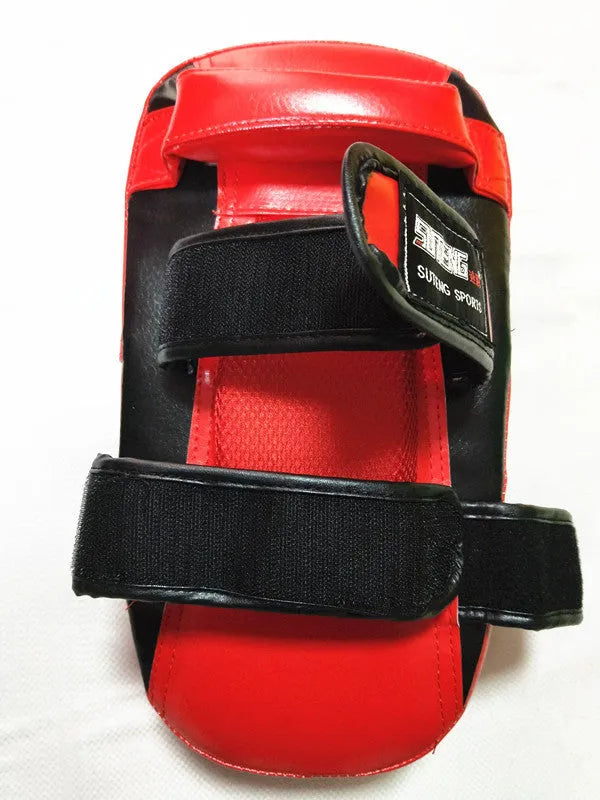 Black and red PU leather boxing Sanda hand target pad showing dimensions and double buckle strap.
