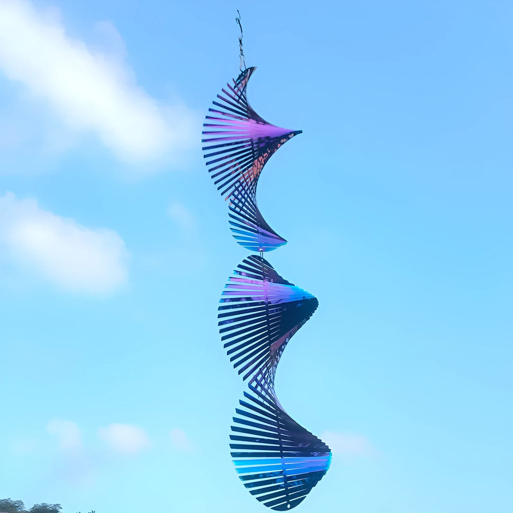 Rotating metal wind runner garden pendant in spiral shape, silver and colourful options