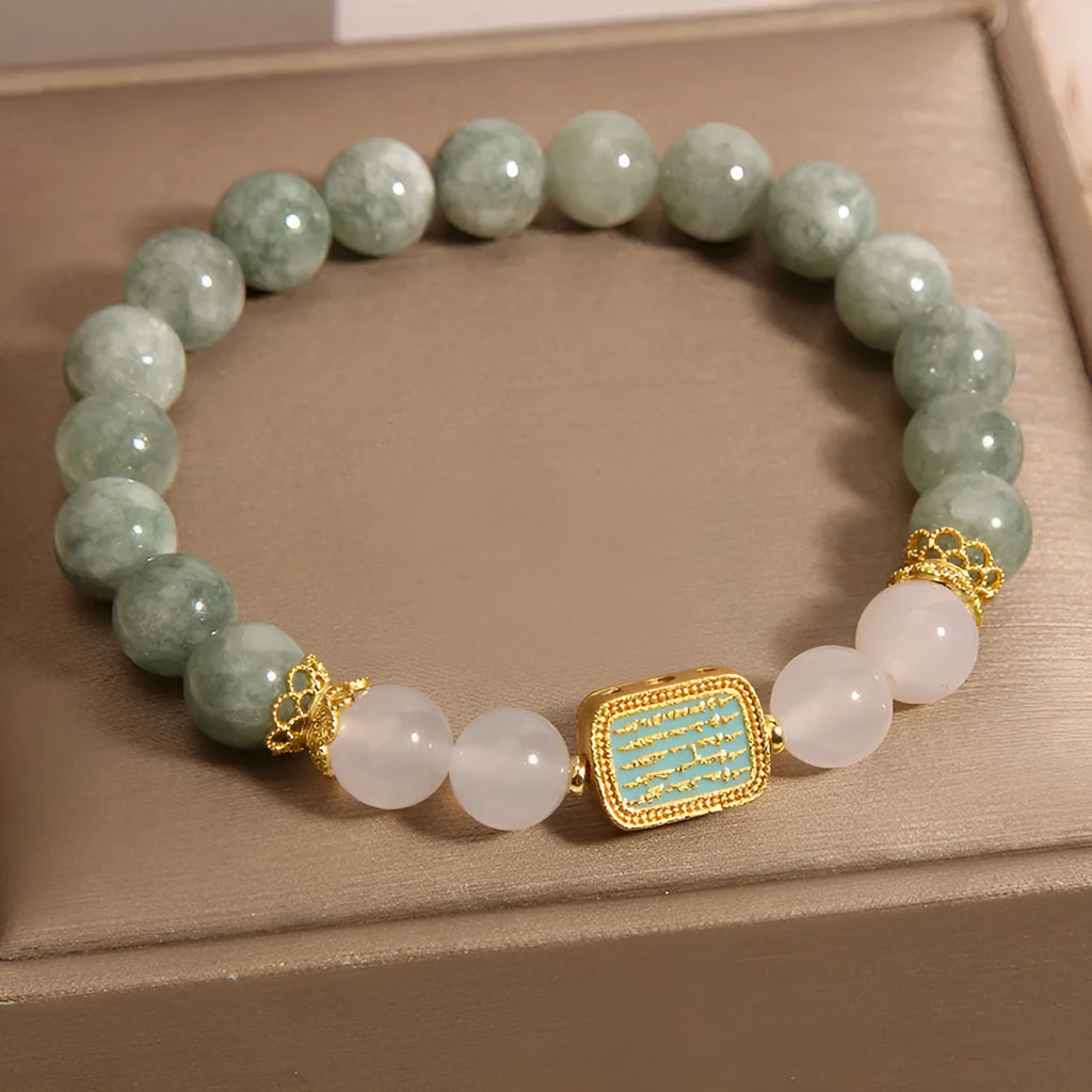 Oil green emerald crystal bracelet with five engraved scripture beads for women