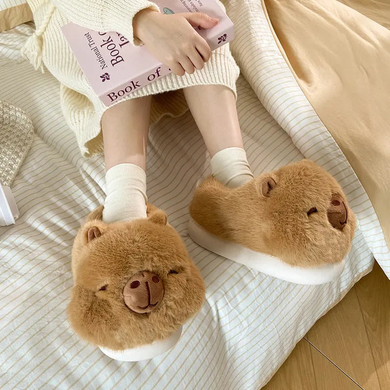 Light brown women's winter plush slippers with artificial wool lining and PVC sole