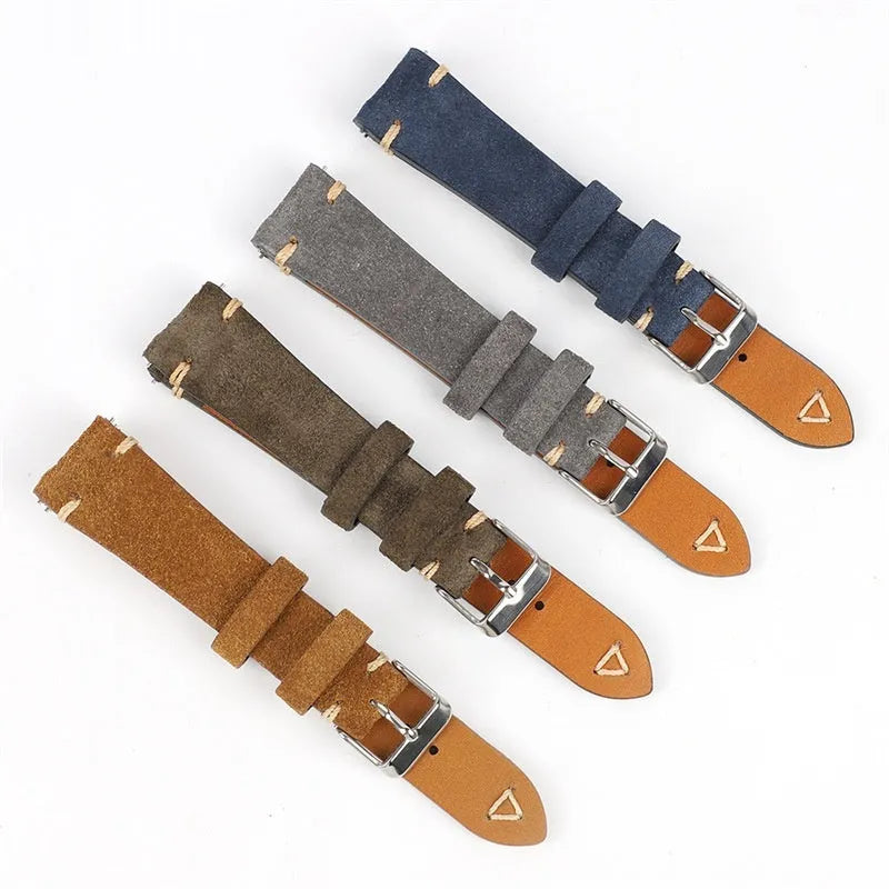 Genuine suede leather watch strap shown in brown, blue, gray, and Army Green colours for 20mm and 22mm watches.