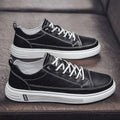 Men's white casual PU leather shoes with round toe and low flat heel, shown in beige, black, and white.