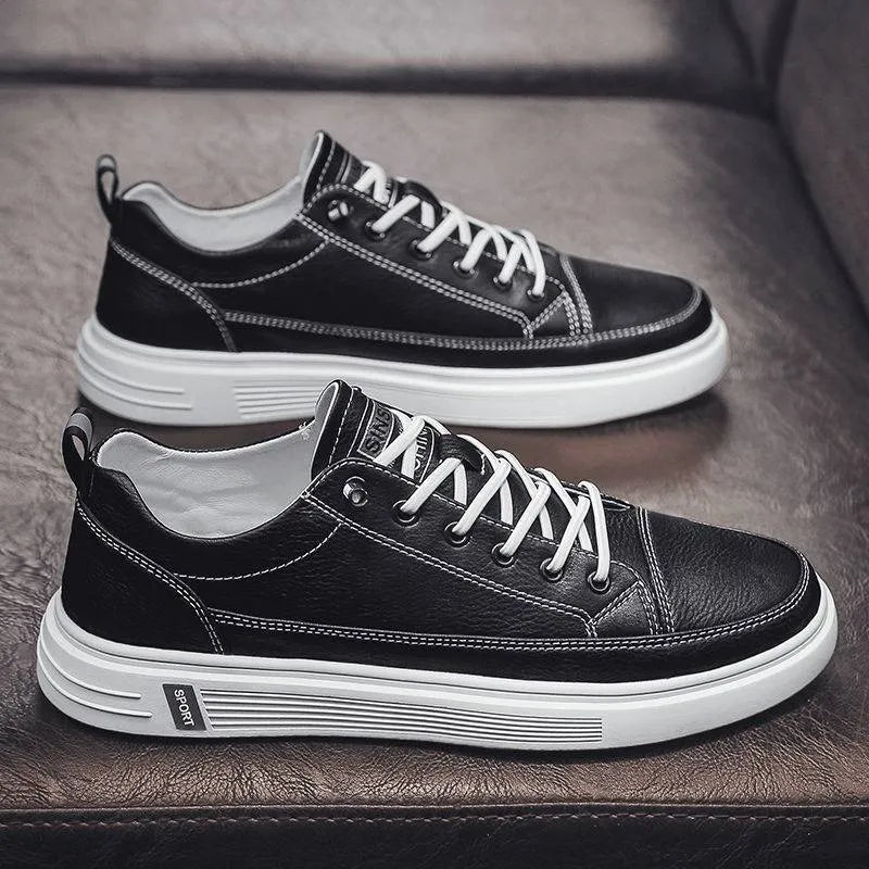 Men's white casual PU leather shoes with round toe and low flat heel, shown in beige, black, and white.