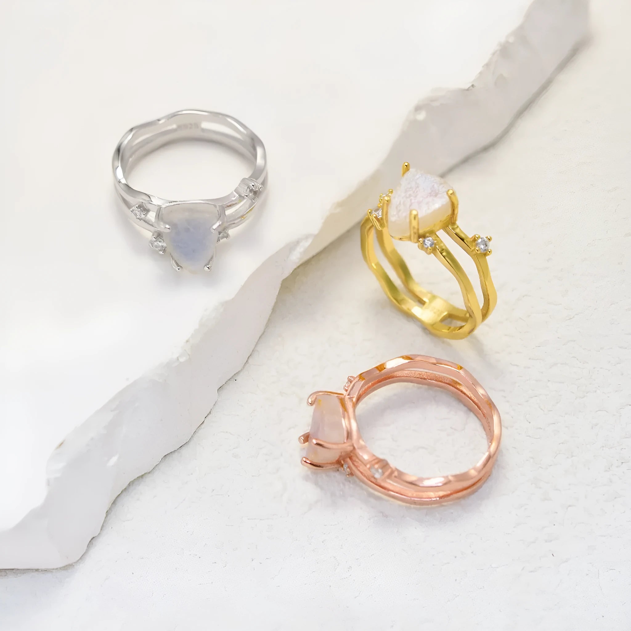 925 silver irregular triangle moonstone ring in rose gold, white gold, or yellow gold finish