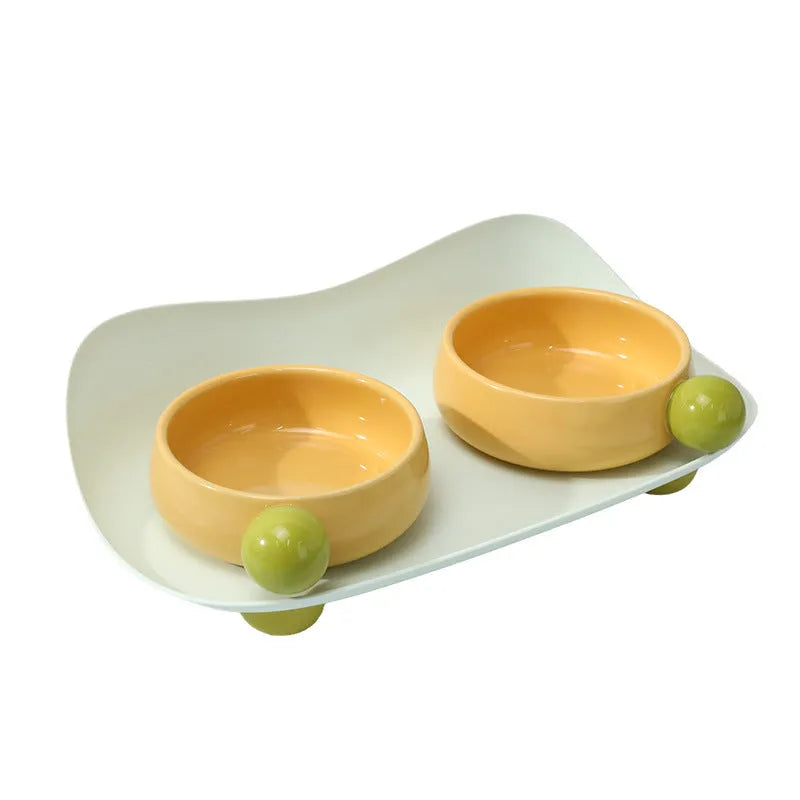 Ceramic raised pet feeder with two bowls for food and water on non-slip base