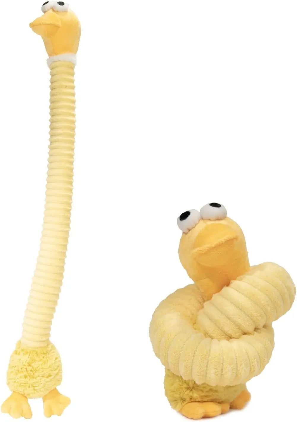 Brown, grey, and yellow plush dog toys with squeaker and crinkle features for teething and play