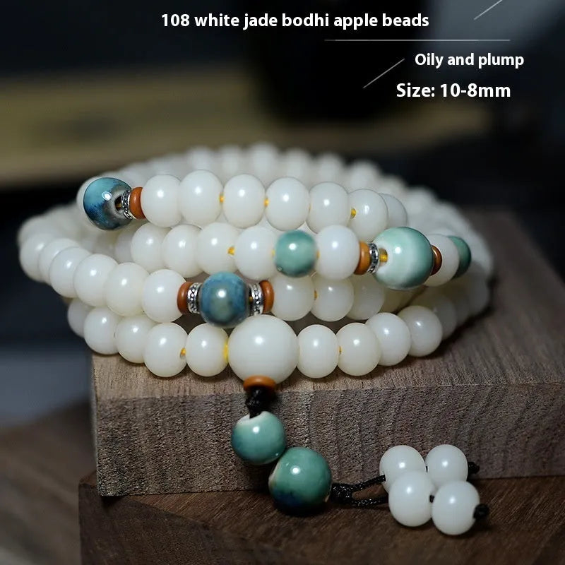 White bodhi seed bracelet with 108 flat round beads in two sizes