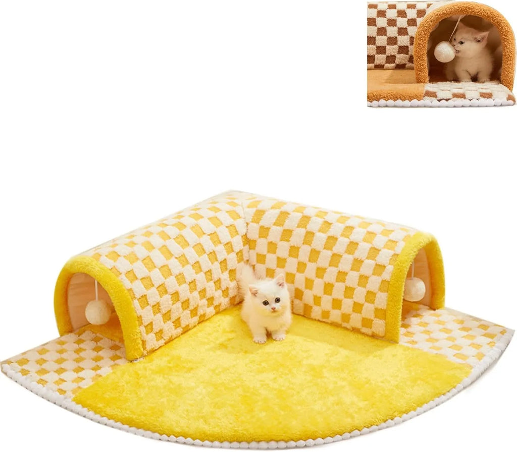 Brown plush plaid cat tunnel bed with central mat showing tunnel opening and non-slip bottom
