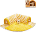 Brown plush plaid cat tunnel bed with central mat showing tunnel opening and non-slip bottom