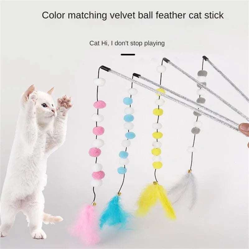 Blue cat feather teaser stick with bell measuring 31cm long for interactive play