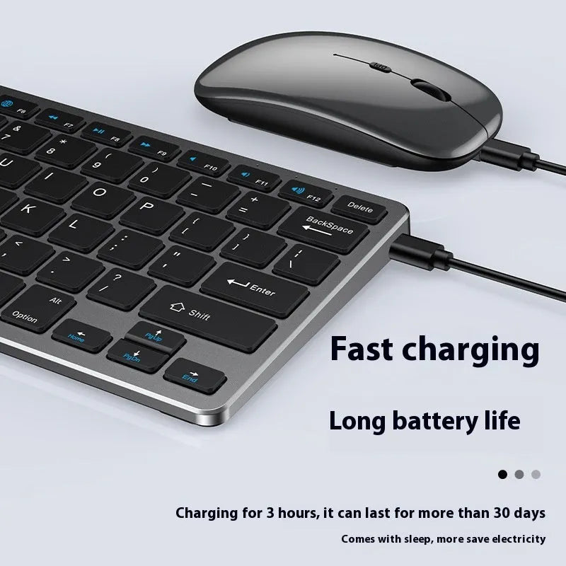 Ultra-thin wireless keyboard and mouse combo in black, gunmetal, or silver with rechargeable Bluetooth connectivity