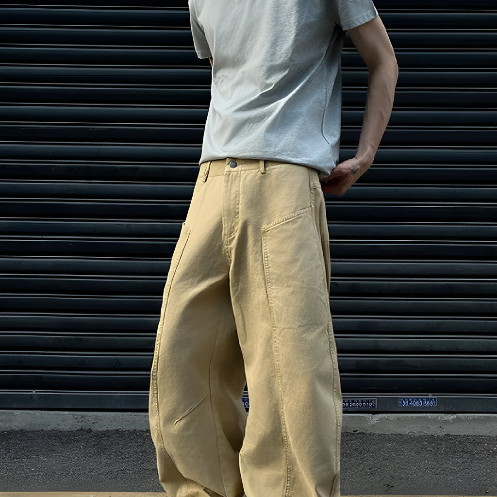 Men's khaki straight leg cotton casual trousers shown in solid colour with straight leg silhouette