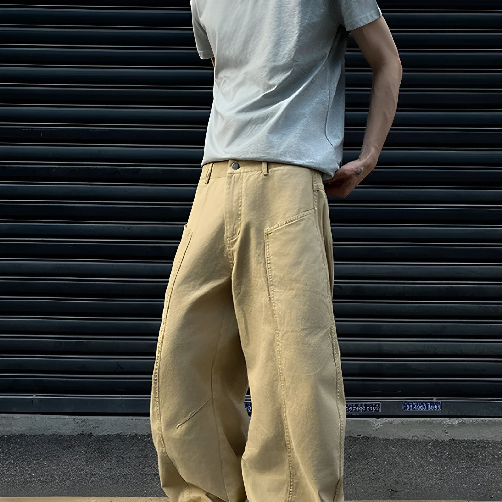 Men's khaki straight leg cotton casual trousers shown in solid colour with straight leg silhouette
