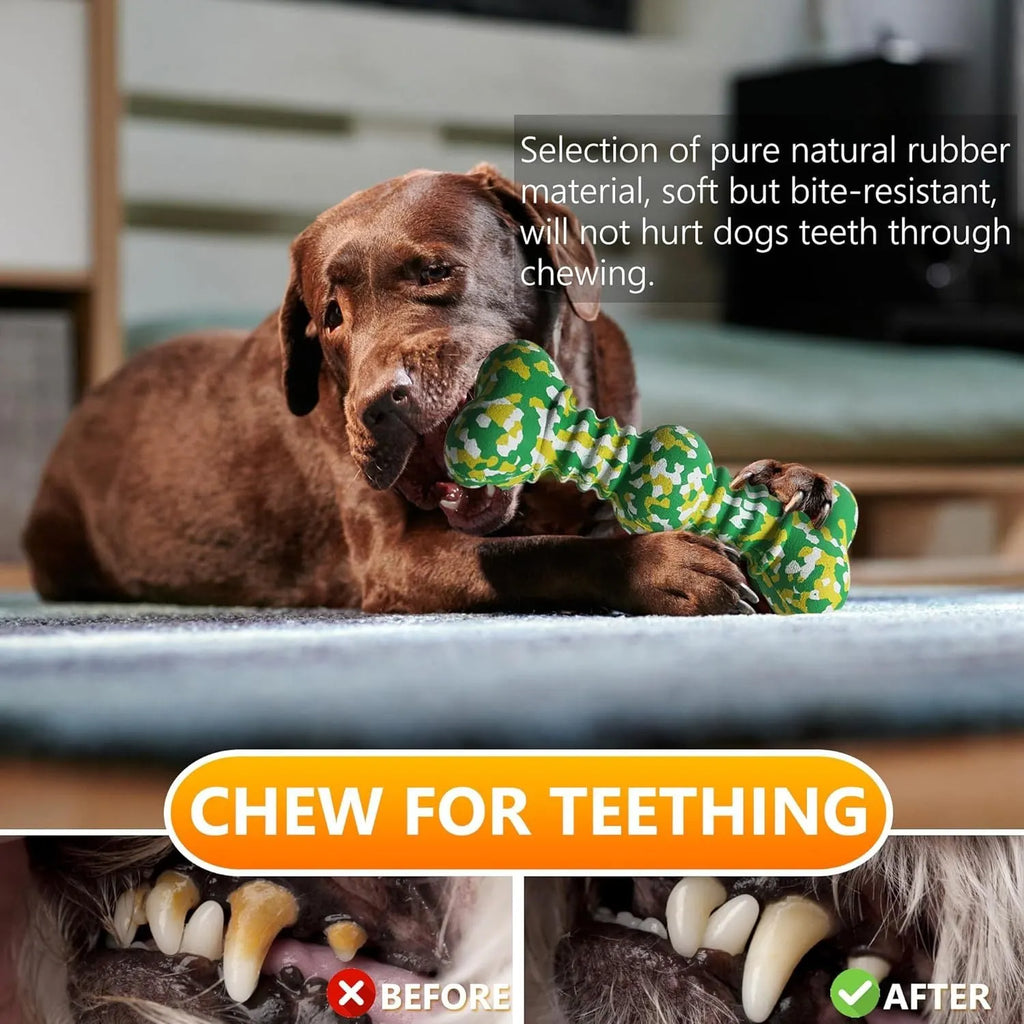 Large camouflage patterned natural rubber bone chew toy for dogs on a plain background.